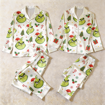Cartoon Character and Holiday Elements Print Satin Matching Pajamas for Couples – Long Sleeve Button-Down Top & Pants Sleepwear Set