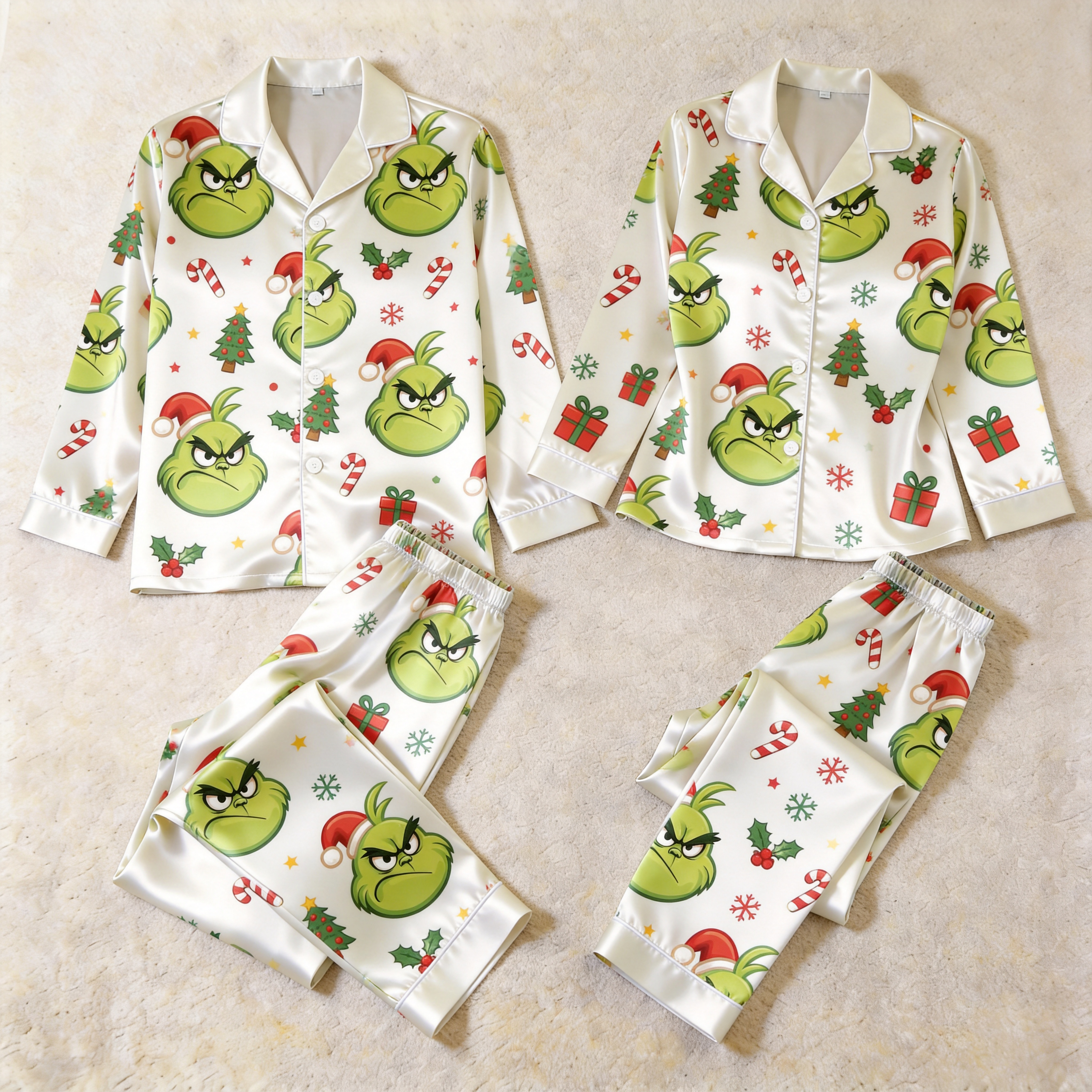 Cartoon Character and Holiday Elements Print Satin Matching Pajamas for Couples – Long Sleeve Button-Down Top & Pants Sleepwear Set