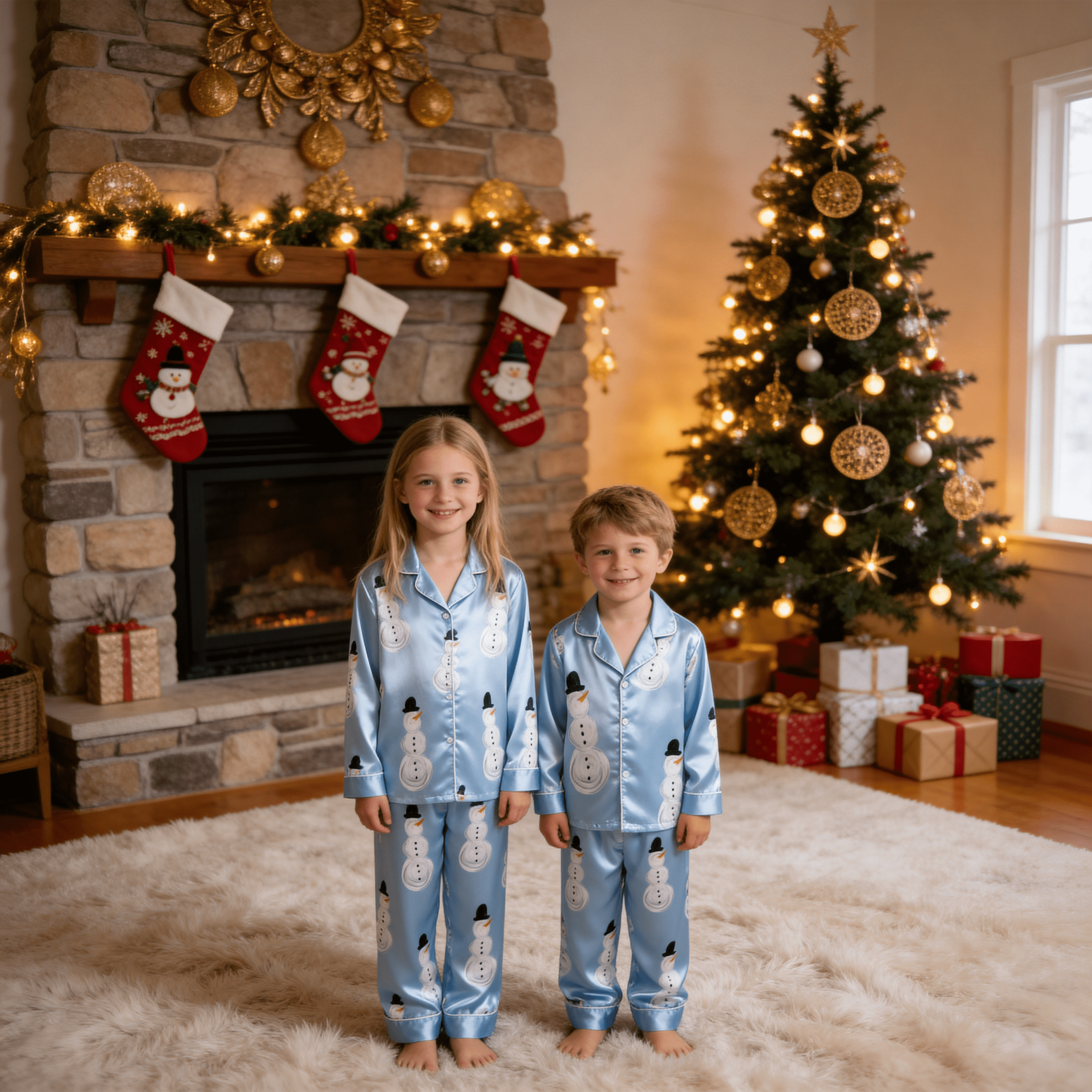 Light Blue Snowman & Top Hat Print Satin Button-Up Family Christmas Pajamas Set