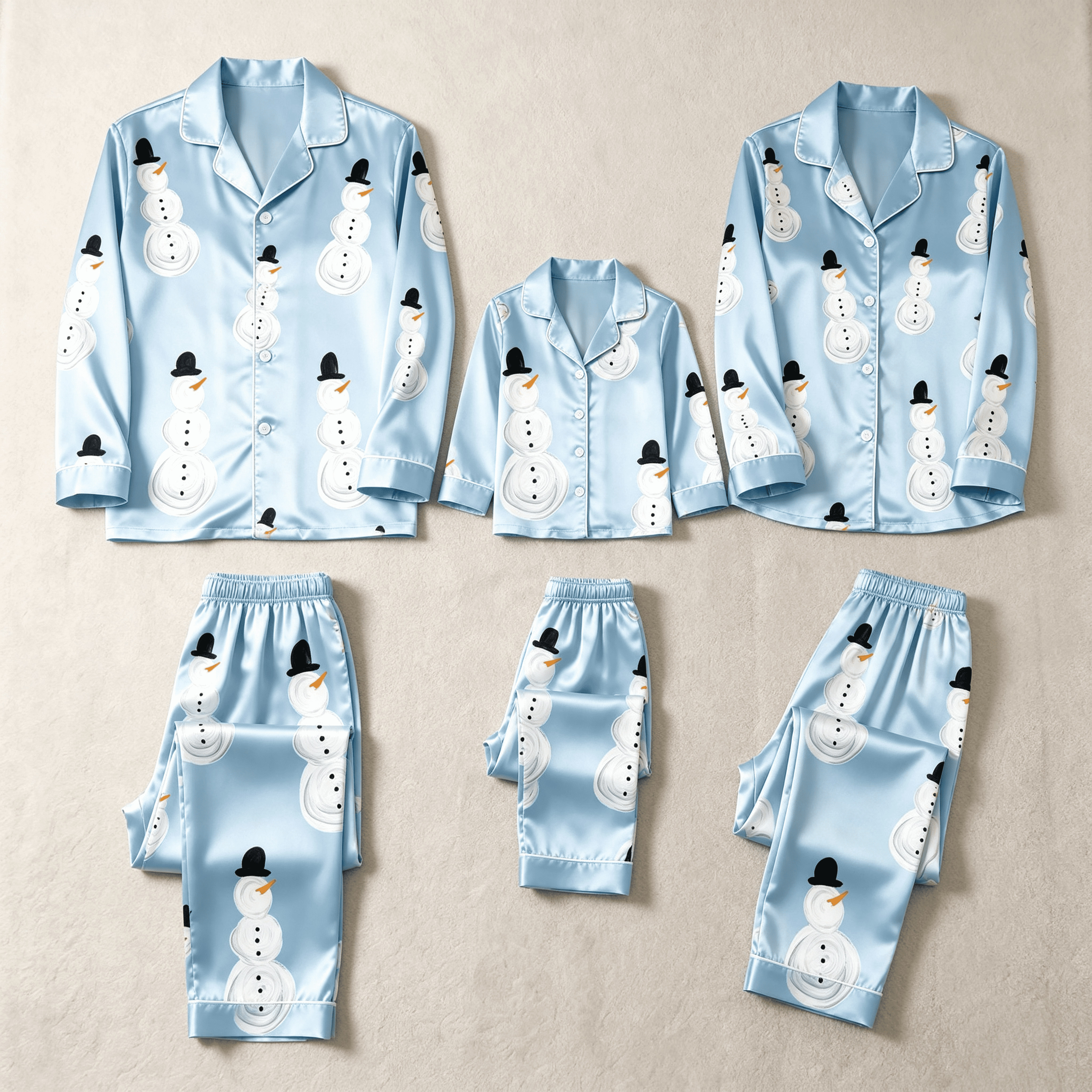Light Blue Snowman & Top Hat Print Satin Button-Up Family Christmas Pajamas Set