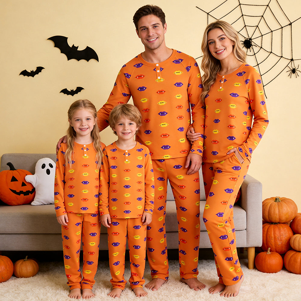 Vibrant Lips Print Matching Family Pajama Set, Long Sleeve Henley Cotton Loungewear