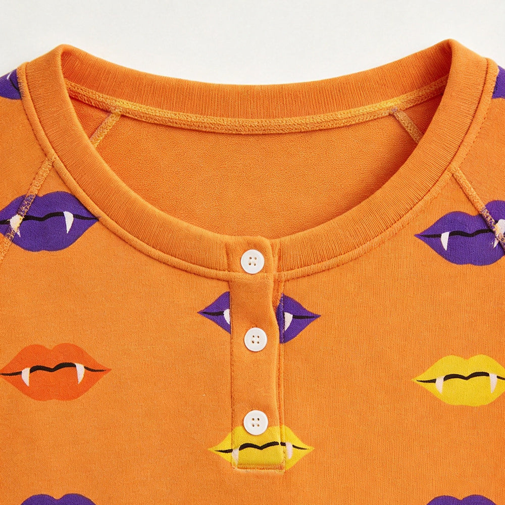 Vibrant Lips Print Matching Family Pajama Set, Long Sleeve Henley Cotton Loungewear