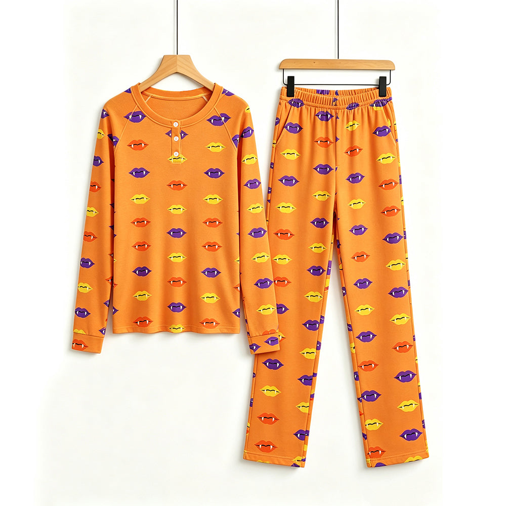 Vibrant Lips Print Matching Family Pajama Set, Long Sleeve Henley Cotton Loungewear
