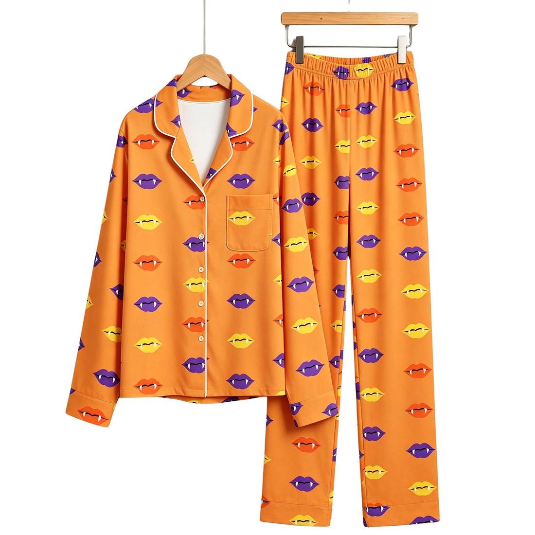 Spooky Halloween Vampire Lips & Fangs Print Matching Family Pajama Set, Button-Down Cotton Loungewear