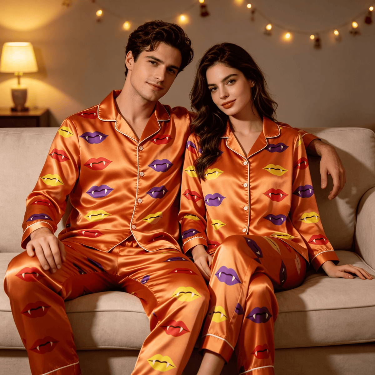 Vampire Lips Print Satin Matching Pajamas for Couples – Long Sleeve Button-Down Top & Pants Sleepwear Set