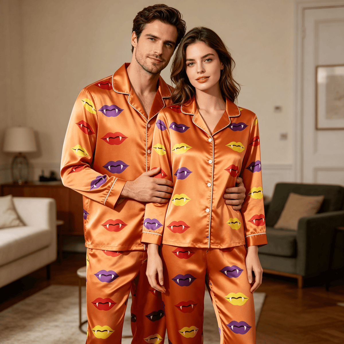 Vampire Lips Print Satin Matching Pajamas for Couples – Long Sleeve Button-Down Top & Pants Sleepwear Set