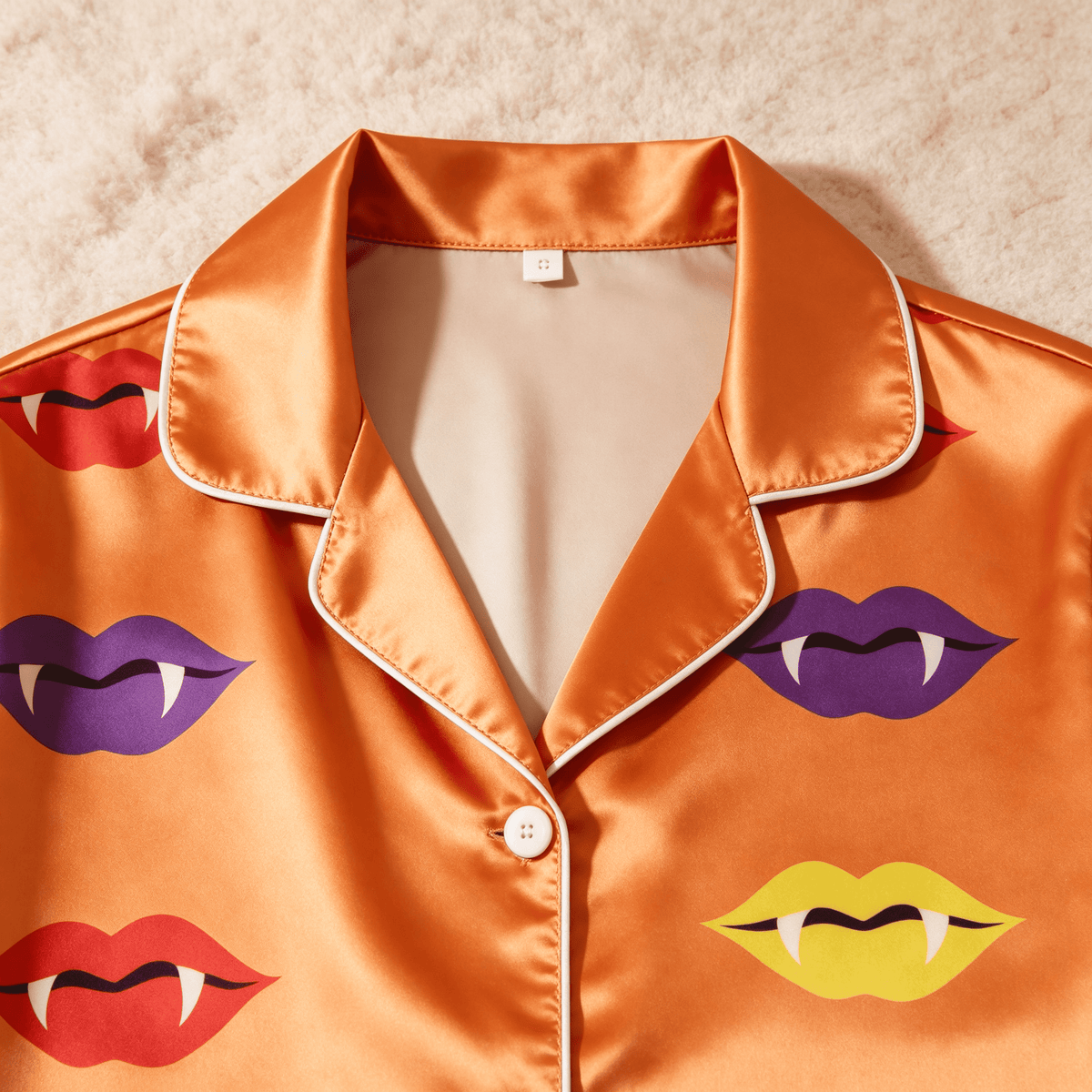 Vampire Lips Print Satin Matching Pajamas for Couples – Long Sleeve Button-Down Top & Pants Sleepwear Set