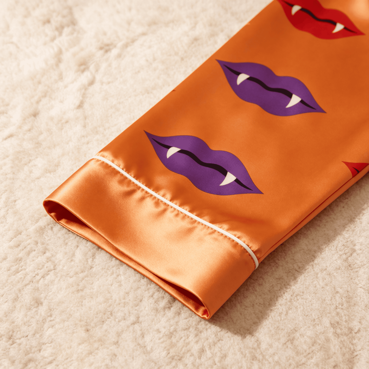 Vampire Lips Print Satin Matching Pajamas for Couples – Long Sleeve Button-Down Top & Pants Sleepwear Set