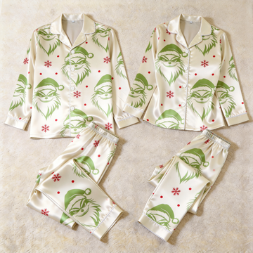 Funny Cartoon Character Print Satin Matching Pajamas for Couples – Long Sleeve Button-Down Top & Pants Sleepwear Set