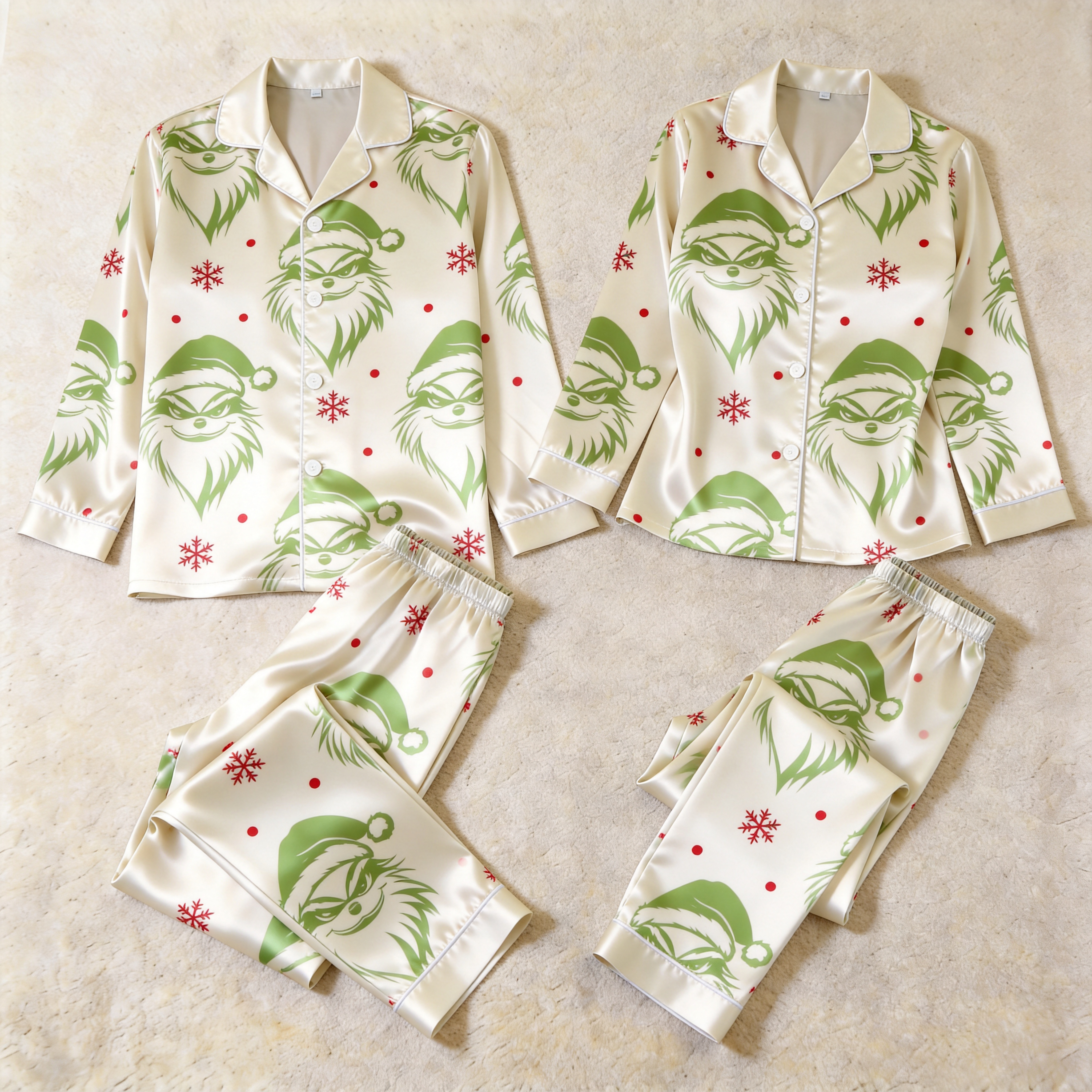 Funny Cartoon Character Print Satin Matching Pajamas for Couples – Long Sleeve Button-Down Top & Pants Sleepwear Set