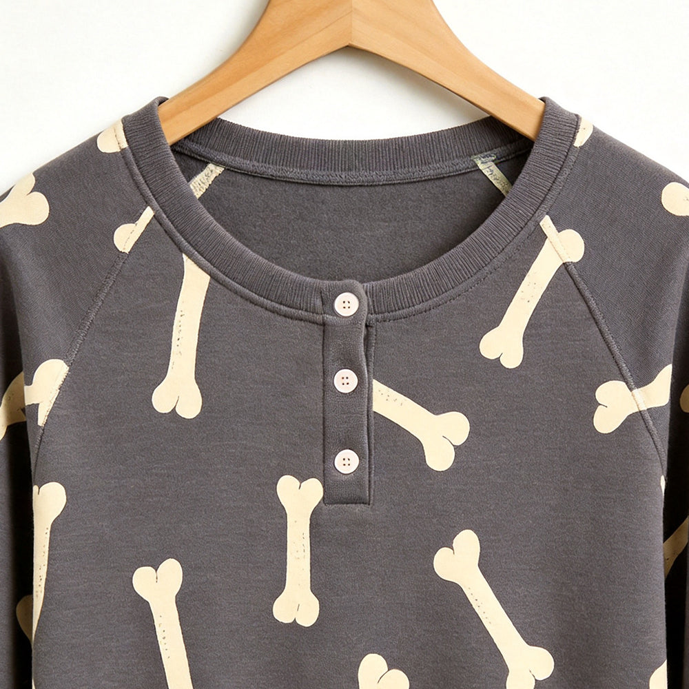 Playful Bone Print Matching Family Pajama Set, Long Sleeve Henley Cotton Loungewear