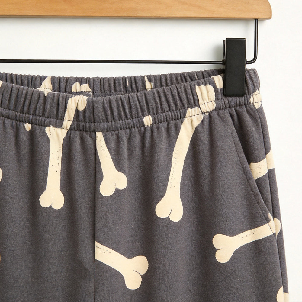 Playful Bone Print Matching Family Pajama Set, Long Sleeve Henley Cotton Loungewear