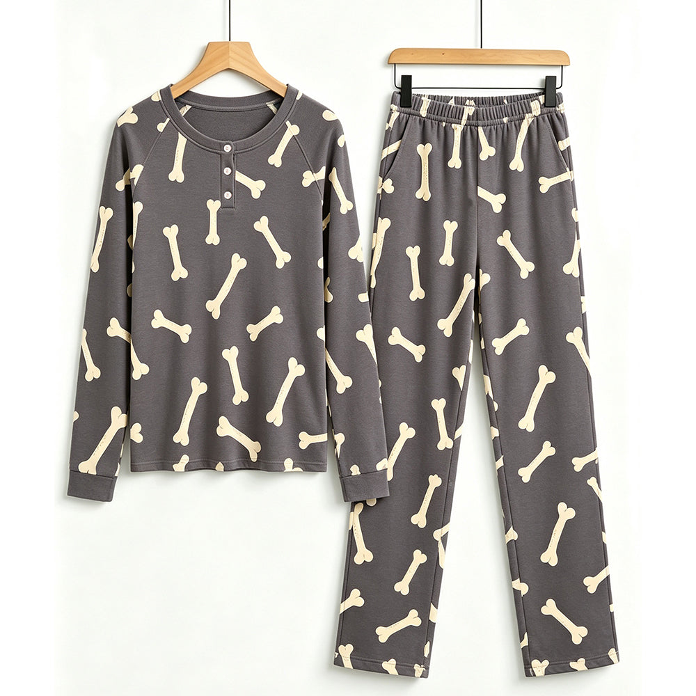 Playful Bone Print Matching Family Pajama Set, Long Sleeve Henley Cotton Loungewear