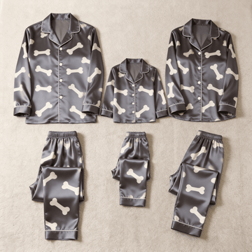 Dark Grey Bone Print Satin Button-Up Family Halloween Pajamas Set