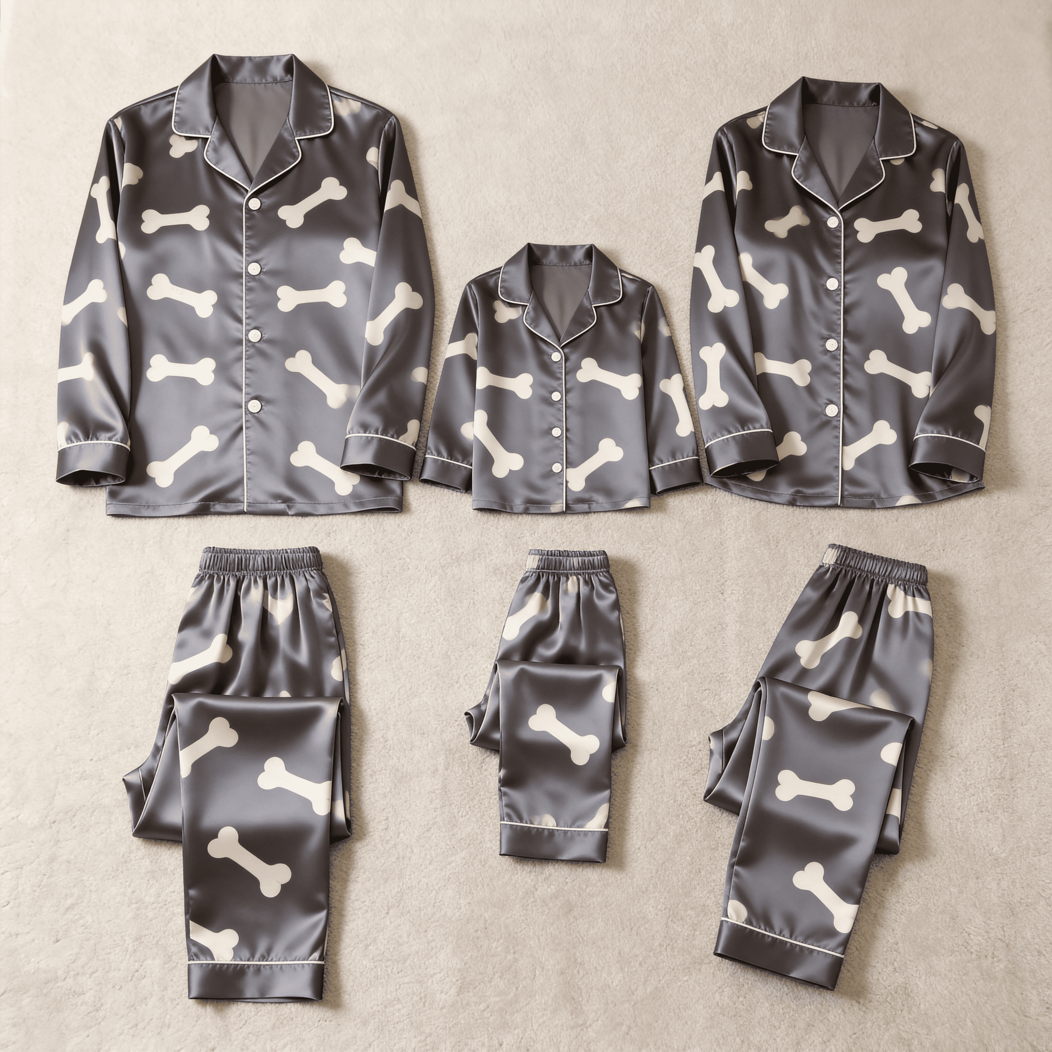 Dark Grey Bone Print Satin Button-Up Family Halloween Pajamas Set