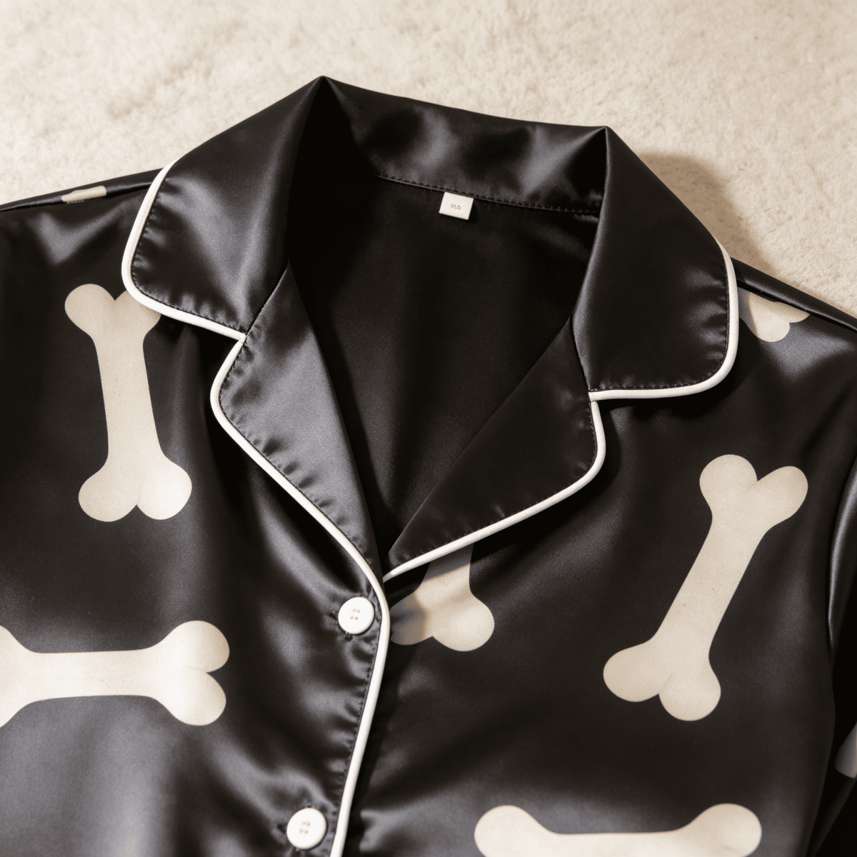 Bone Print Satin Matching Pajamas for Couples – Long Sleeve Button-Down Top & Pants Sleepwear Set