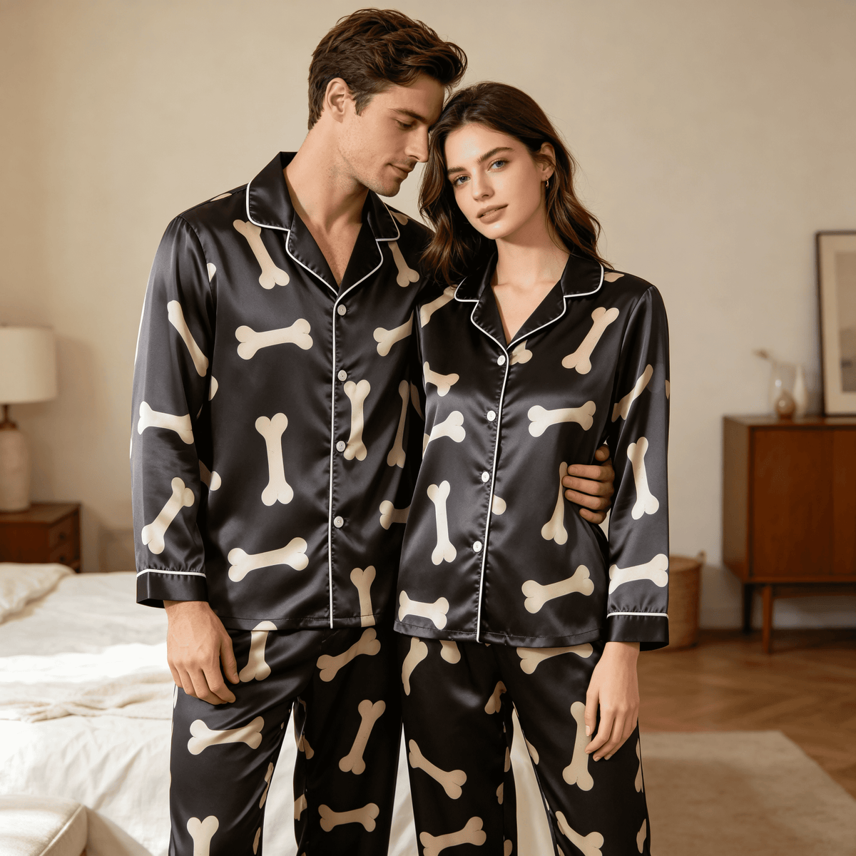 Bone Print Satin Matching Pajamas for Couples – Long Sleeve Button-Down Top & Pants Sleepwear Set