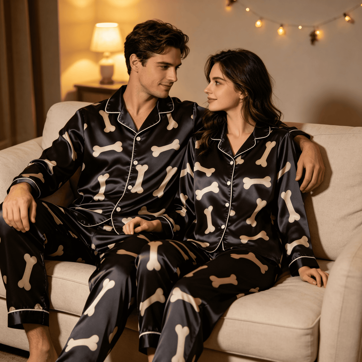 Bone Print Satin Matching Pajamas for Couples – Long Sleeve Button-Down Top & Pants Sleepwear Set