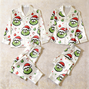 Holiday Cartoon Character Print Satin Matching Pajamas for Couples – Long Sleeve Button-Down Top & Pants Sleepwear Set