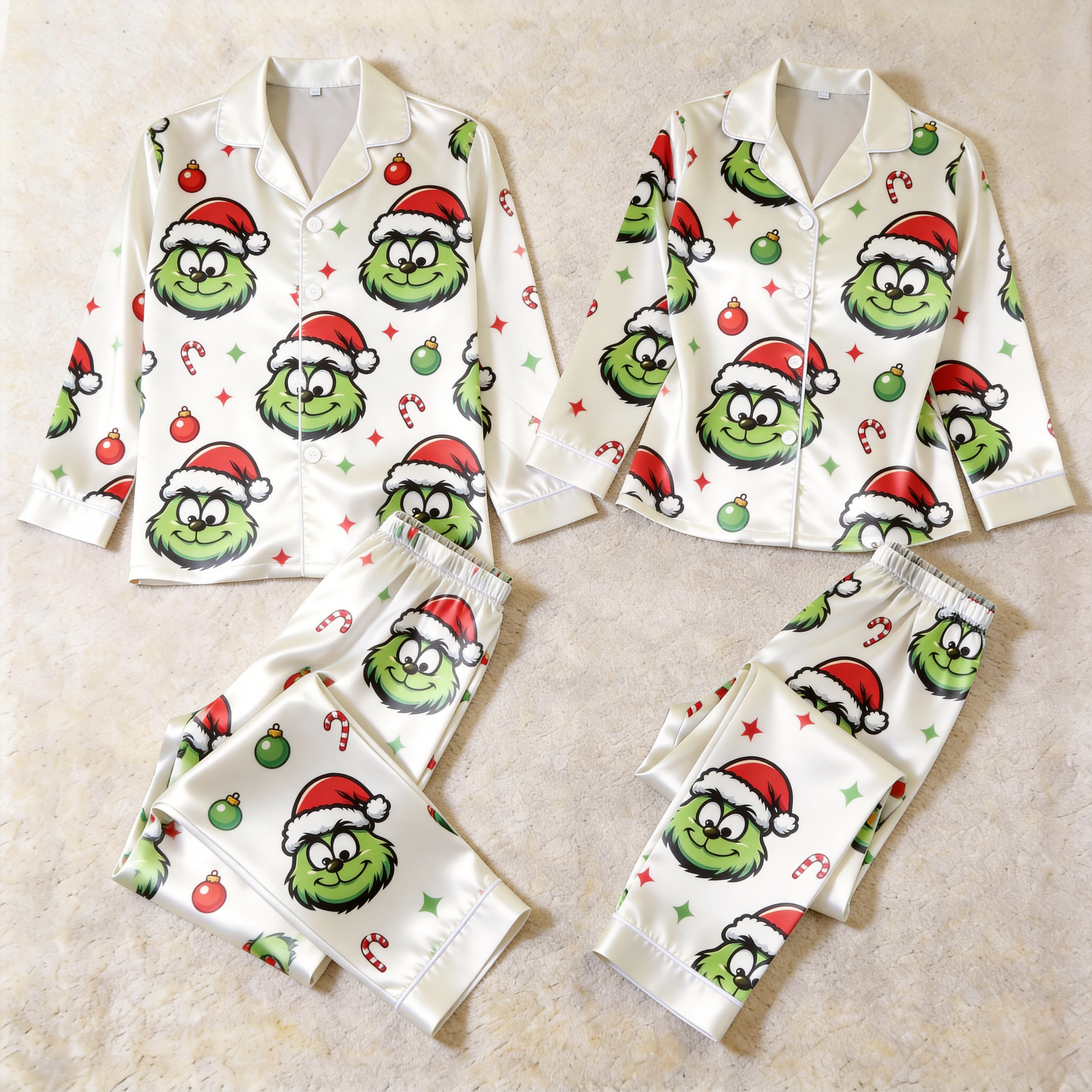 Holiday Cartoon Character Print Satin Matching Pajamas for Couples – Long Sleeve Button-Down Top & Pants Sleepwear Set