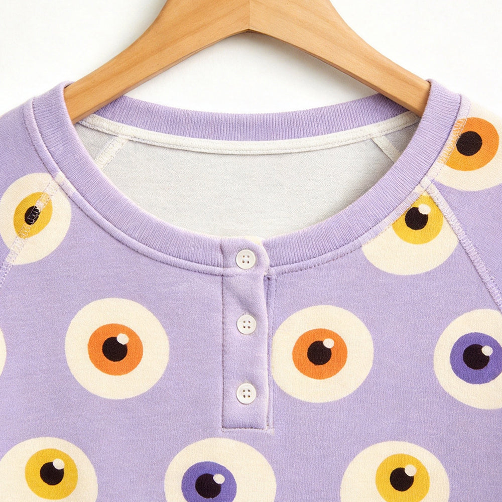 Spooky Halloween Eye Ball Print Matching Family Pajama Set, Long Sleeve Henley Cotton Loungewear
