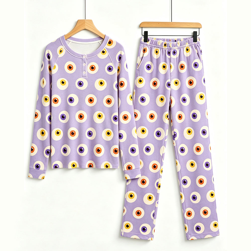 Spooky Halloween Eye Ball Print Matching Family Pajama Set, Long Sleeve Henley Cotton Loungewear