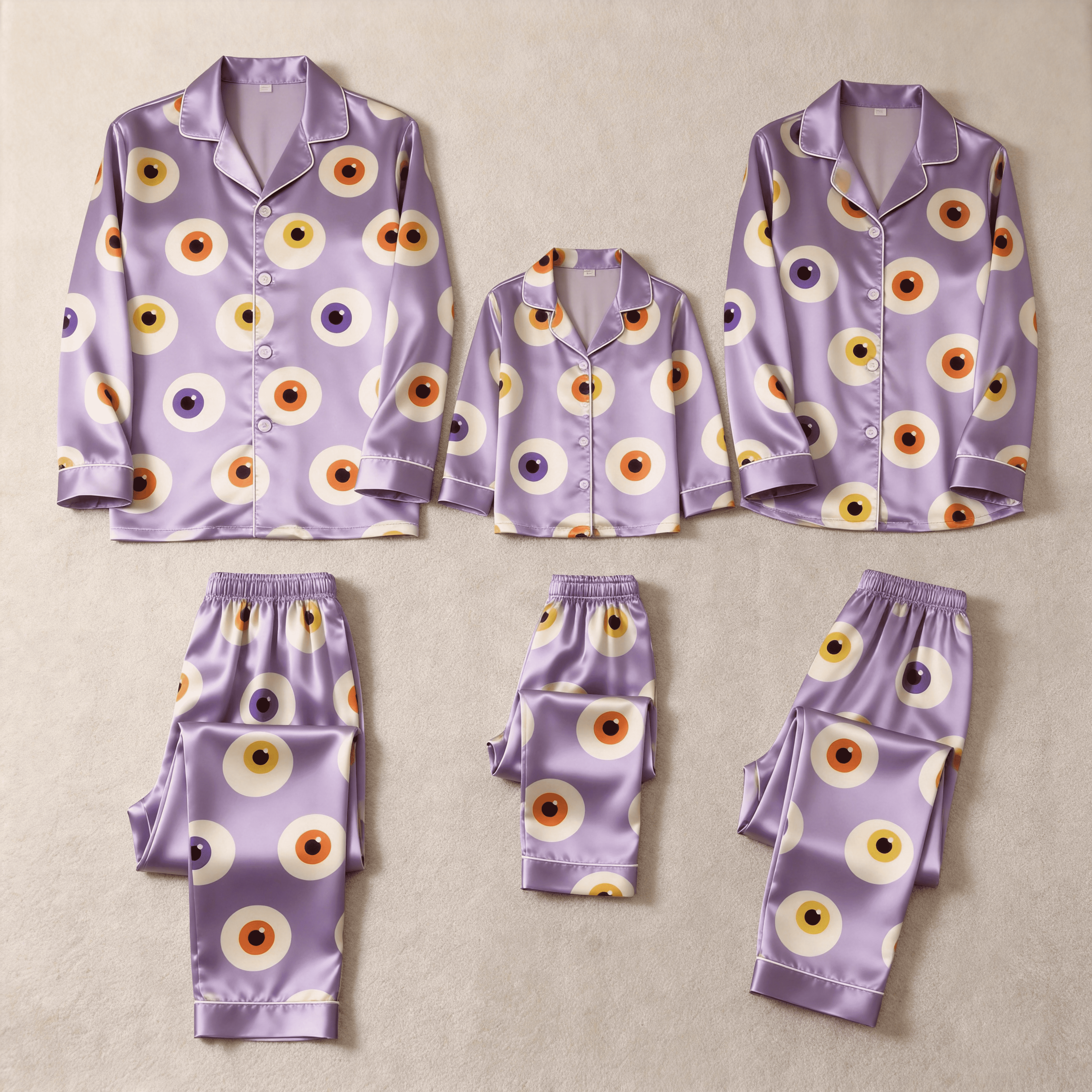 Purple Eyeball Print Satin Button-Up Family Halloween Pajamas Set