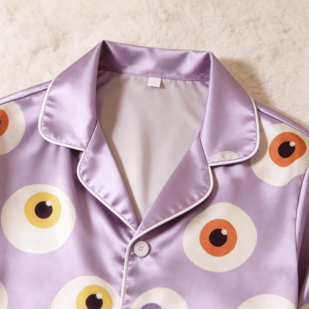 Eyeball Print Satin Matching Pajamas for Couples – Long Sleeve Button-Down Top & Pants Sleepwear Set