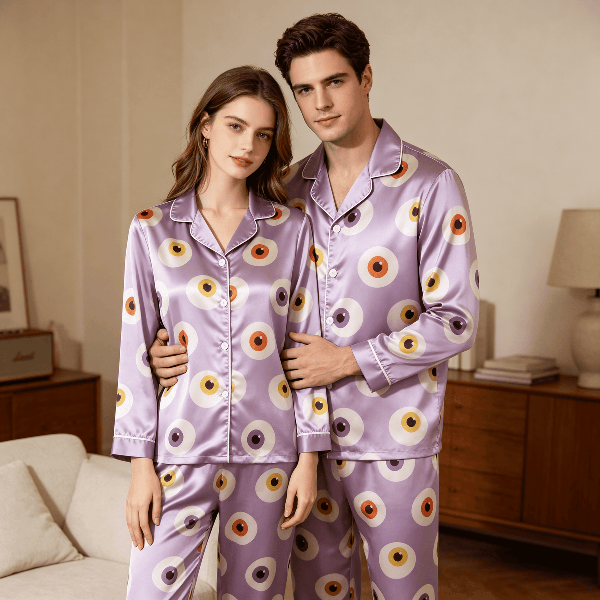 Eyeball Print Satin Matching Pajamas for Couples – Long Sleeve Button-Down Top & Pants Sleepwear Set