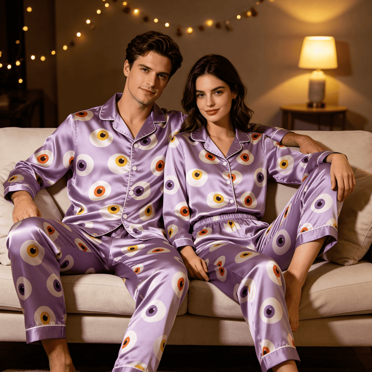 Eyeball Print Satin Matching Pajamas for Couples – Long Sleeve Button-Down Top & Pants Sleepwear Set