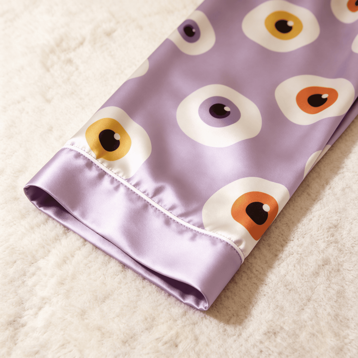 Eyeball Print Satin Matching Pajamas for Couples – Long Sleeve Button-Down Top & Pants Sleepwear Set