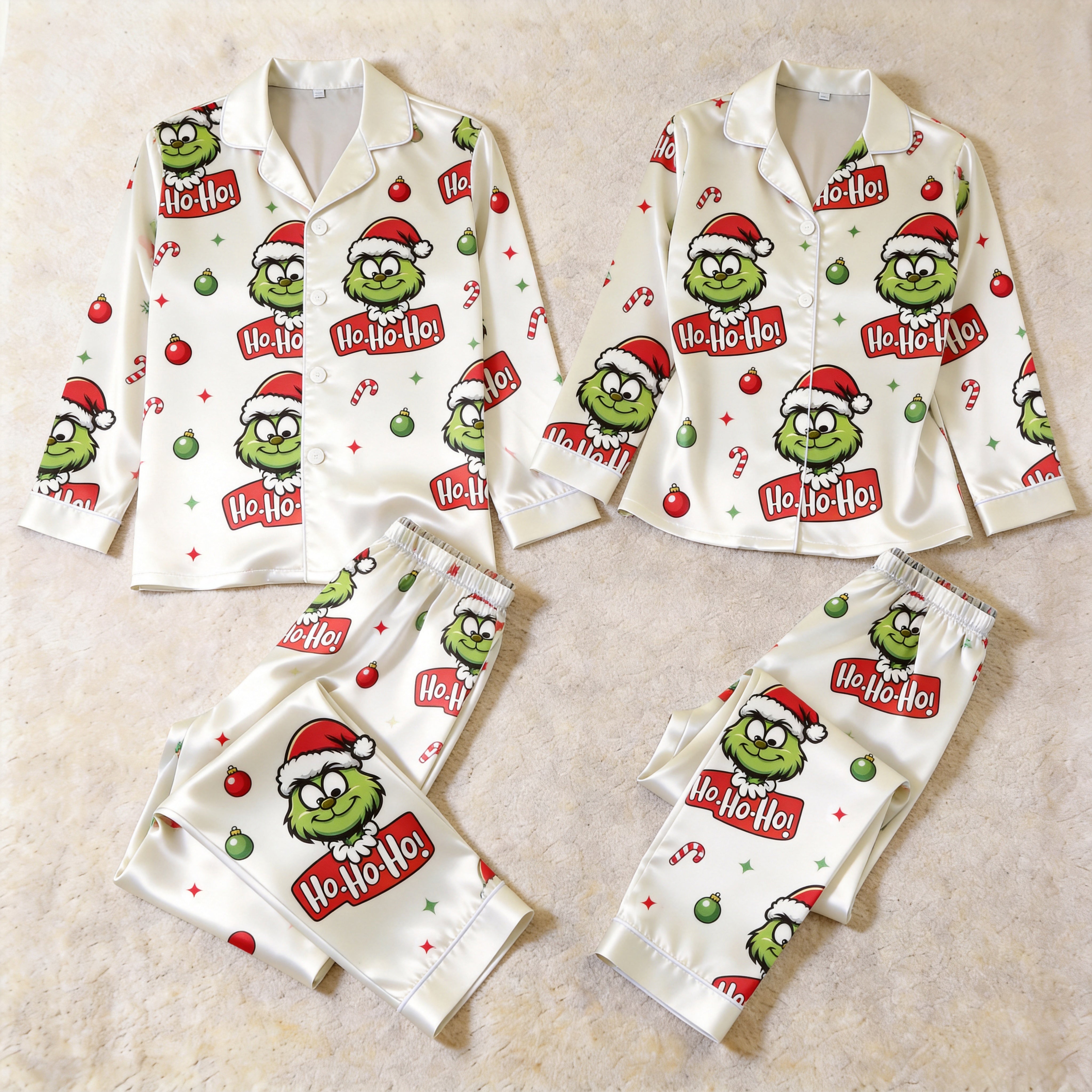 Holiday Cartoon Character and Ho-Ho-Ho Print Satin Matching Pajamas for Couples – Long Sleeve Button-Down Top & Pants Sleepwear Set