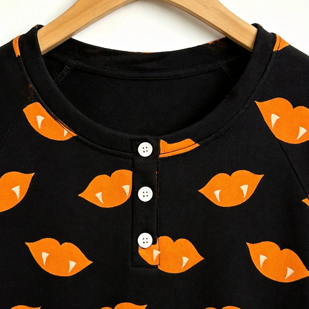Spooky Halloween Vampire Lips Print Matching Family Pajama Set, Long Sleeve Henley Cotton Loungewear