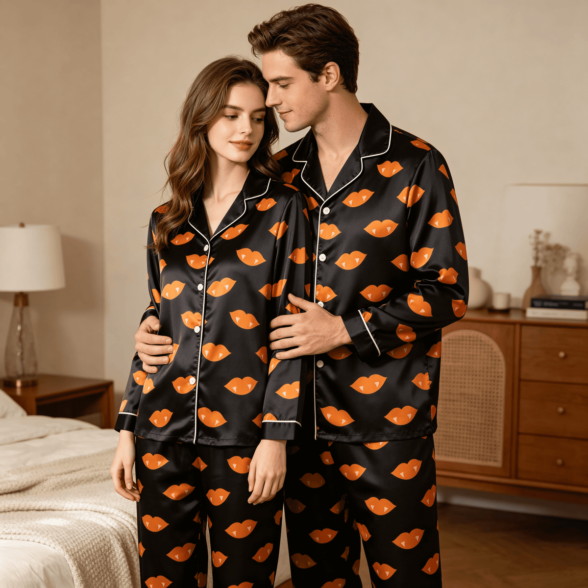 Spooky Vampire Lips Print Satin Matching Pajamas for Couples – Long Sleeve Button-Down Top & Pants Sleepwear Set