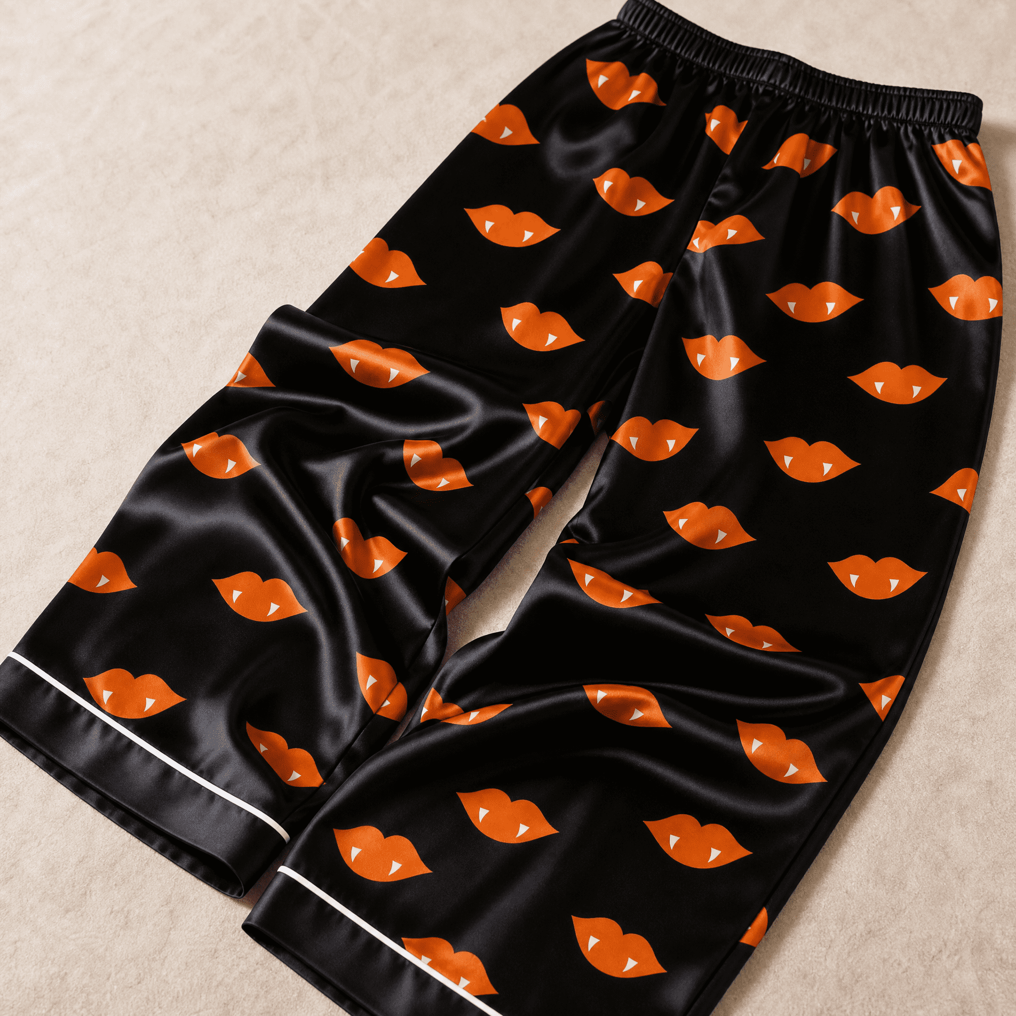 Black & Orange Vampire Lips Print Satin Button-Up Family Halloween Pajamas Set