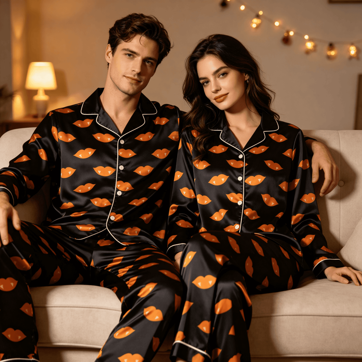 Spooky Vampire Lips Print Satin Matching Pajamas for Couples – Long Sleeve Button-Down Top & Pants Sleepwear Set