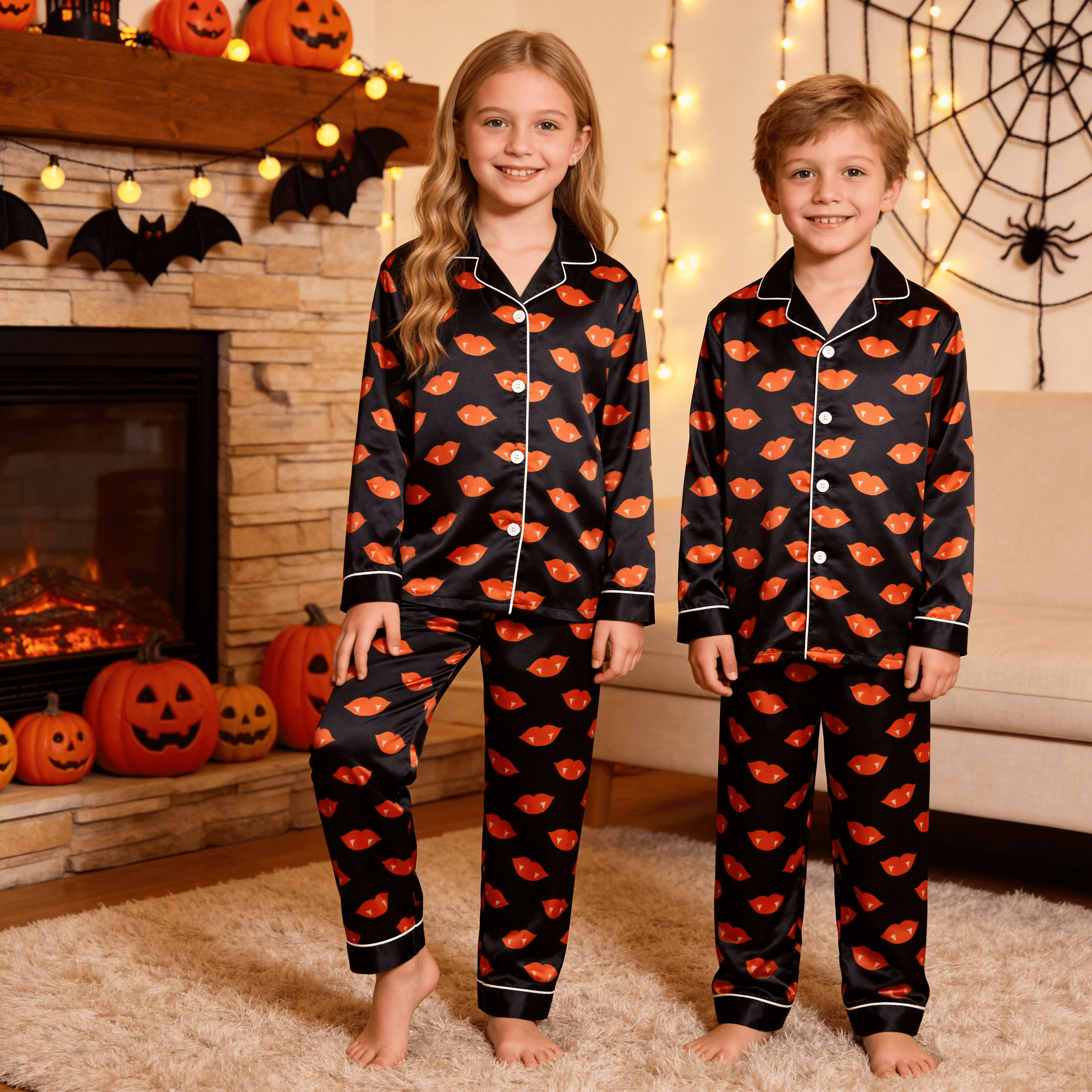 Black & Orange Vampire Lips Print Satin Button-Up Family Halloween Pajamas Set