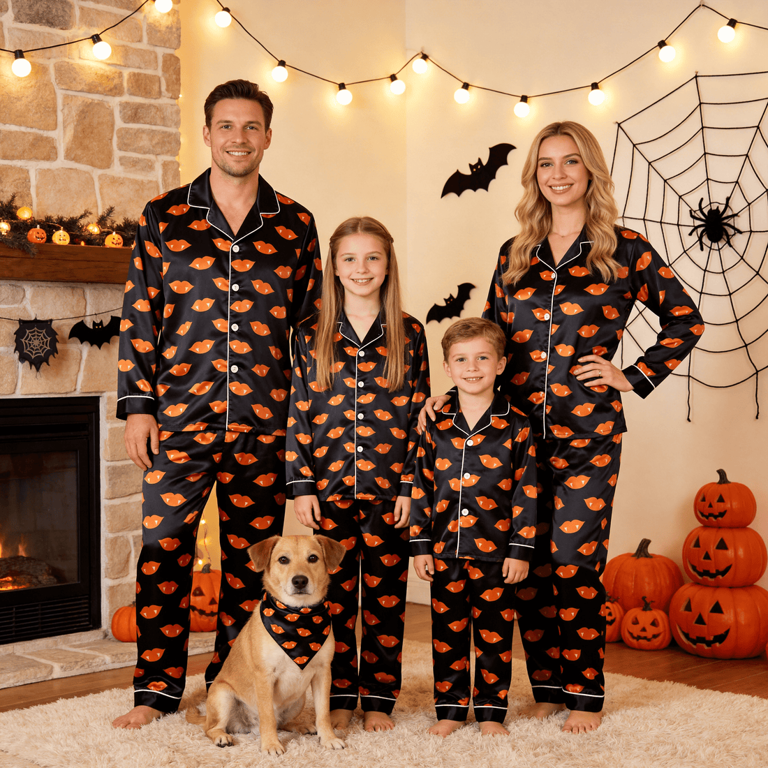 Black & Orange Vampire Lips Print Satin Button-Up Family Halloween Pajamas Set