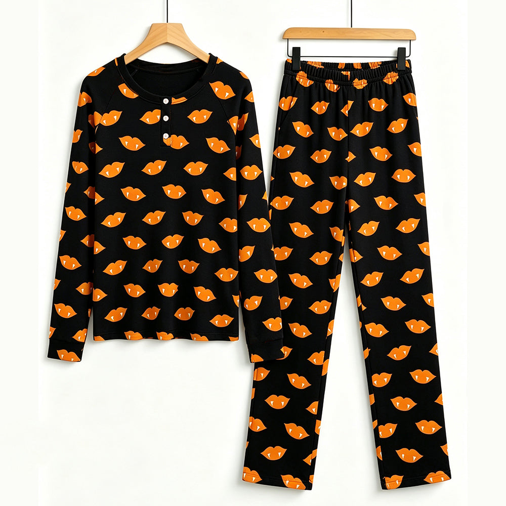 Spooky Halloween Vampire Lips Print Matching Family Pajama Set, Long Sleeve Henley Cotton Loungewear