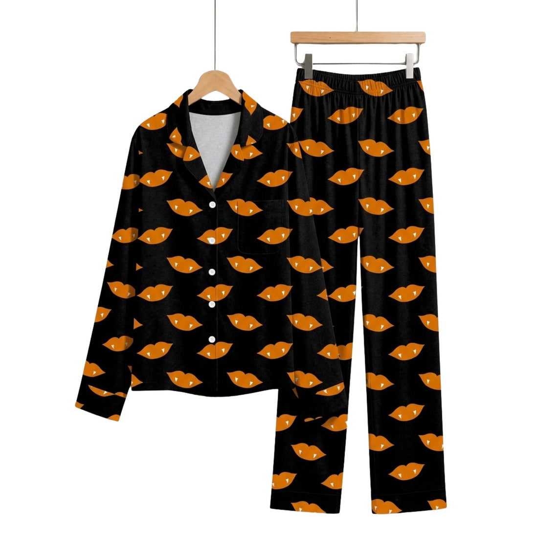 Cozy Halloween Vampire Lips Print Matching Family Pajama Set, Button-Down Velvet Loungewear