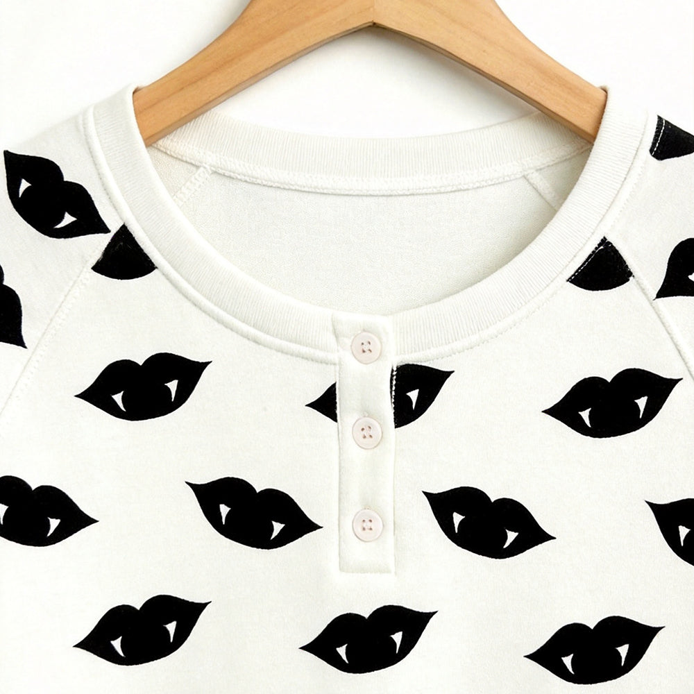 Spooky Halloween Vampire Black Lips Print Matching Family Pajama Set, Long Sleeve Henley Cotton Loungewear
