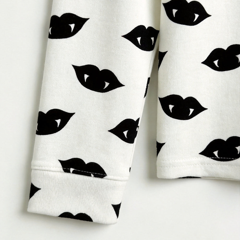 Spooky Halloween Vampire Black Lips Print Matching Family Pajama Set, Long Sleeve Henley Cotton Loungewear