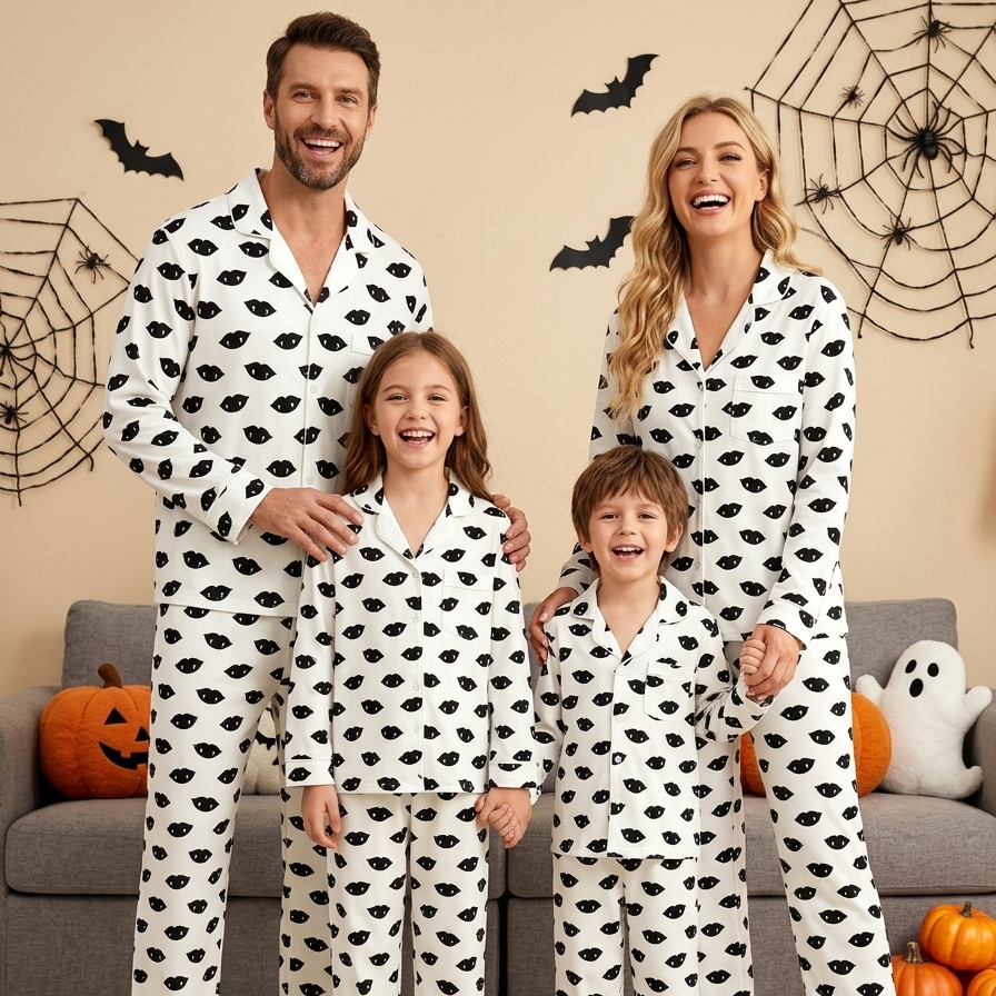 Minimalist Halloween Vampire Lips Print Matching Family Pajama Set, Button-Down Cotton Loungewear