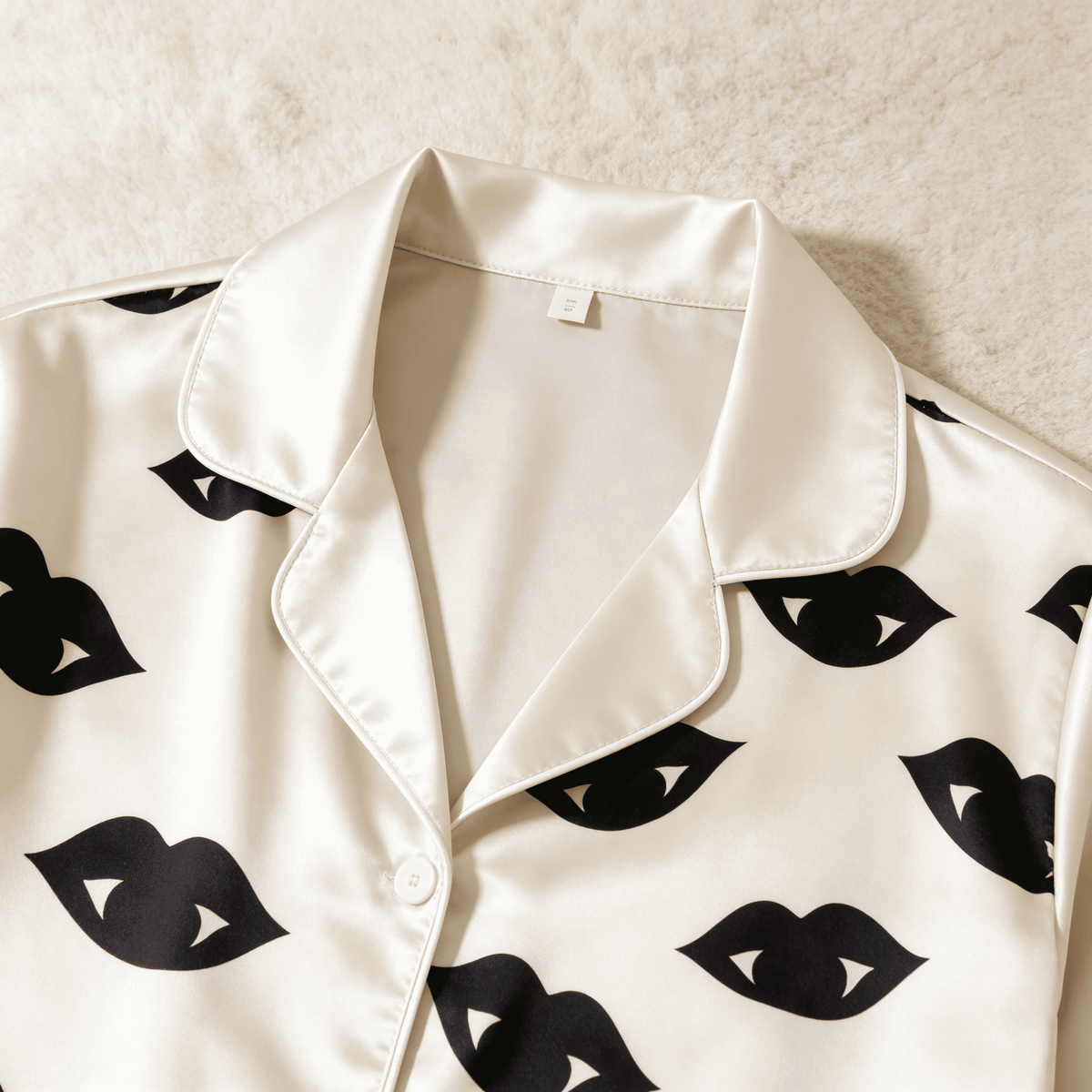 Spooky Vampire Lips Print Satin Matching Pajamas for Couples – Long Sleeve Button-Down Top & Pants Sleepwear Set