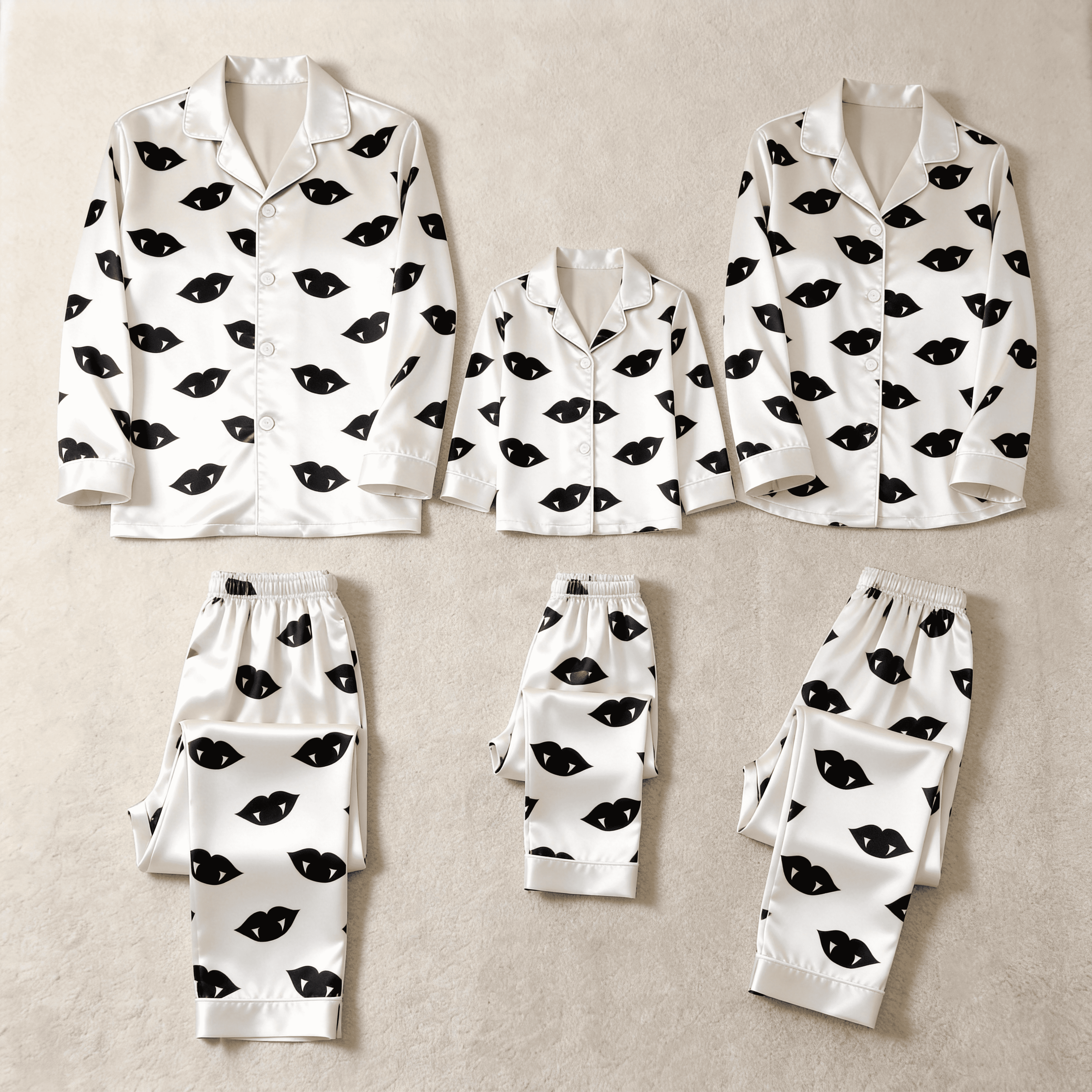 Black & Orange Vampire Lips Print Satin Button-Up Family Halloween Pajamas Set