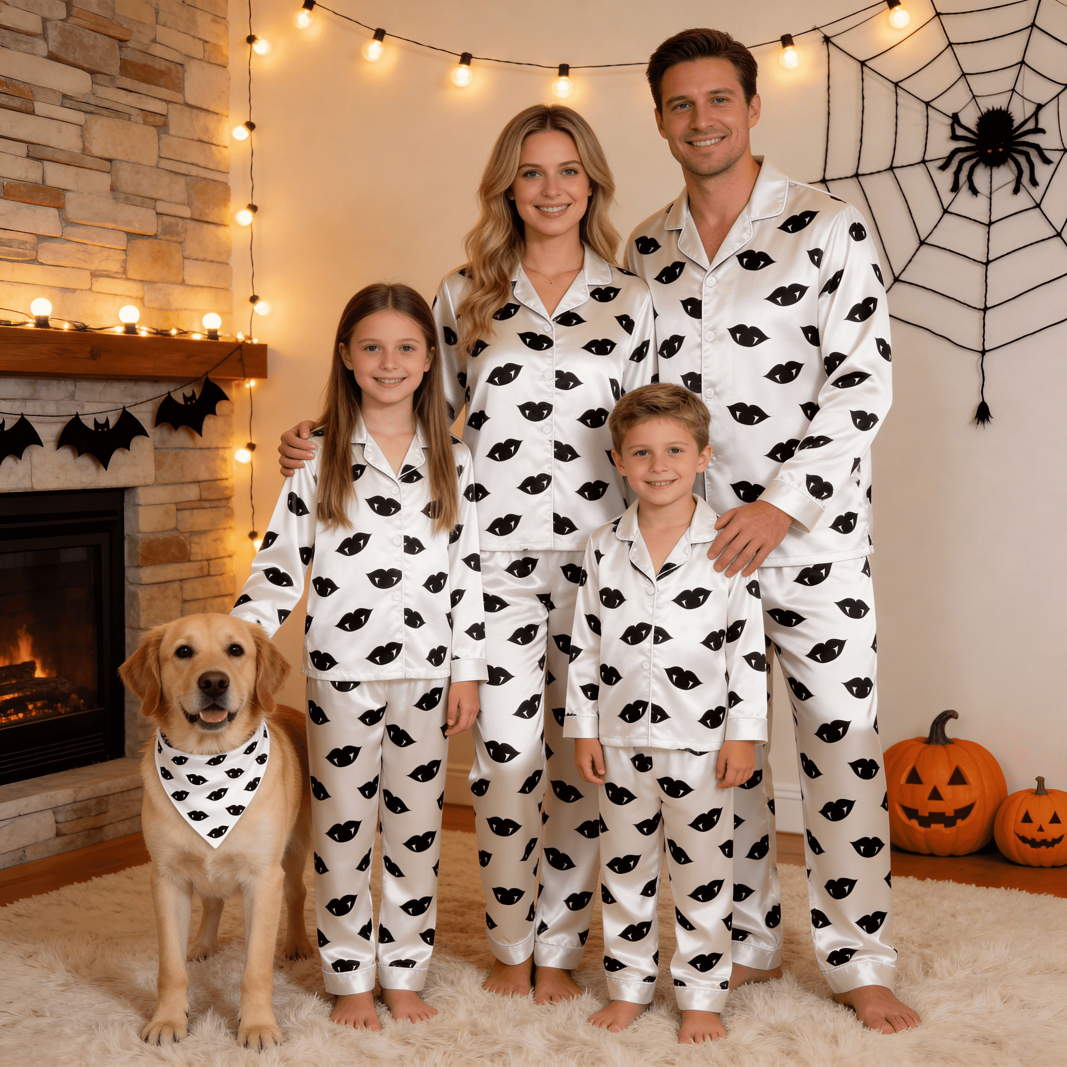 Black & Orange Vampire Lips Print Satin Button-Up Family Halloween Pajamas Set