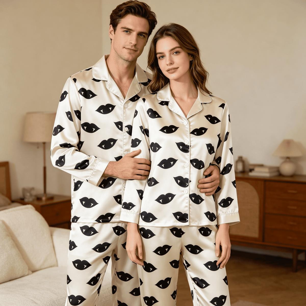 Spooky Vampire Lips Print Satin Matching Pajamas for Couples – Long Sleeve Button-Down Top & Pants Sleepwear Set