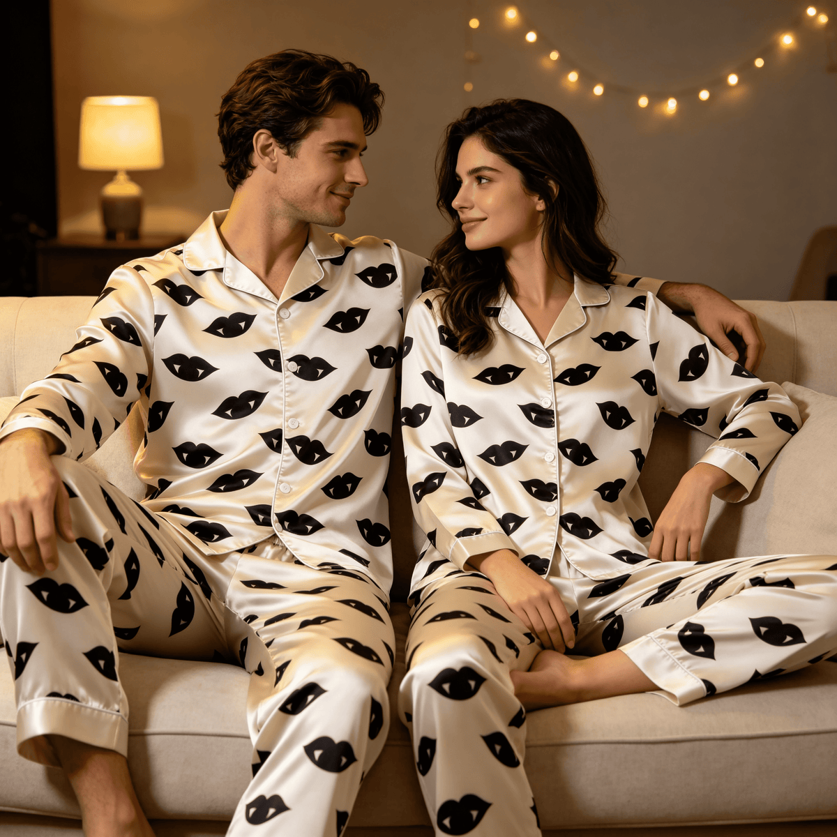 Spooky Vampire Lips Print Satin Matching Pajamas for Couples – Long Sleeve Button-Down Top & Pants Sleepwear Set