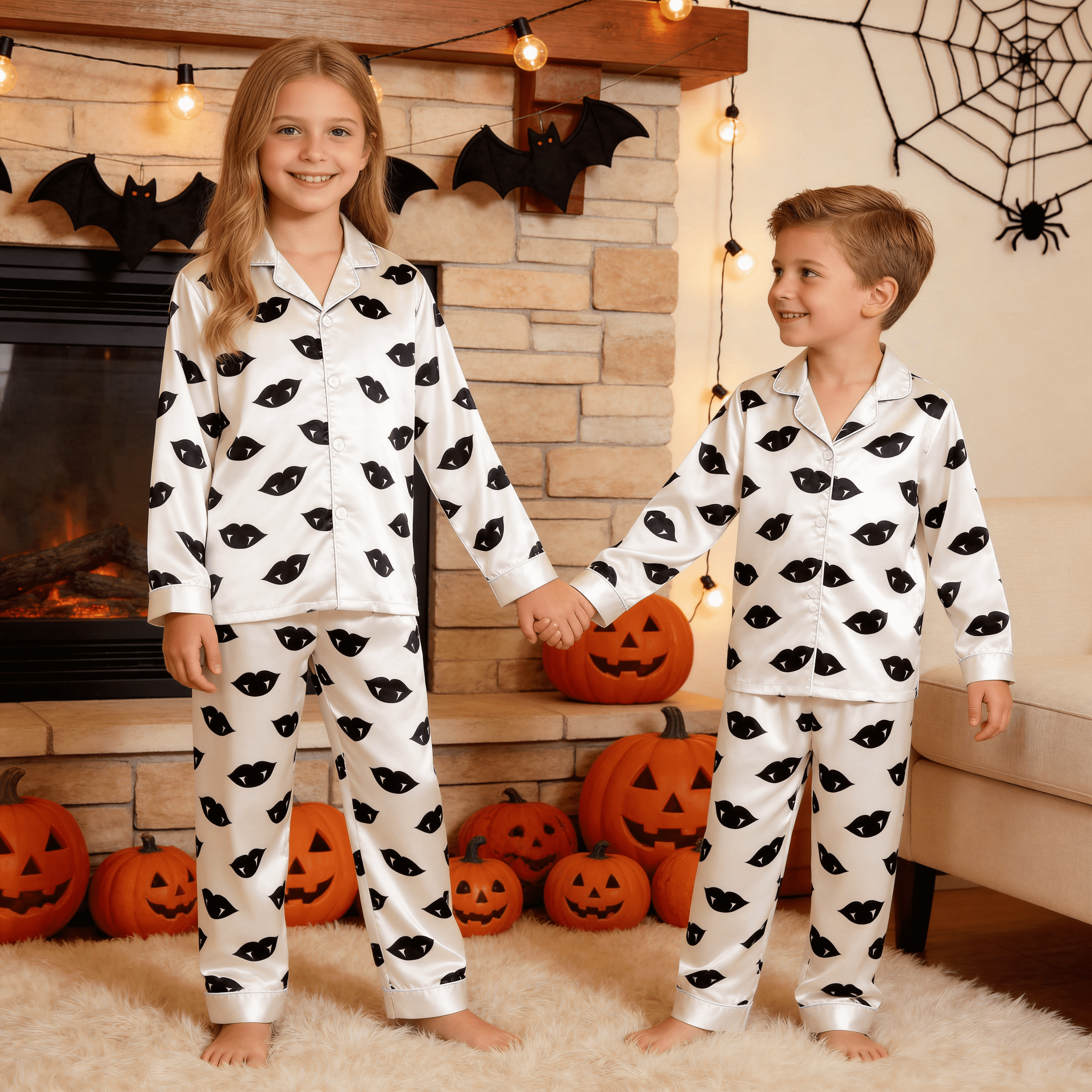 Black & Orange Vampire Lips Print Satin Button-Up Family Halloween Pajamas Set