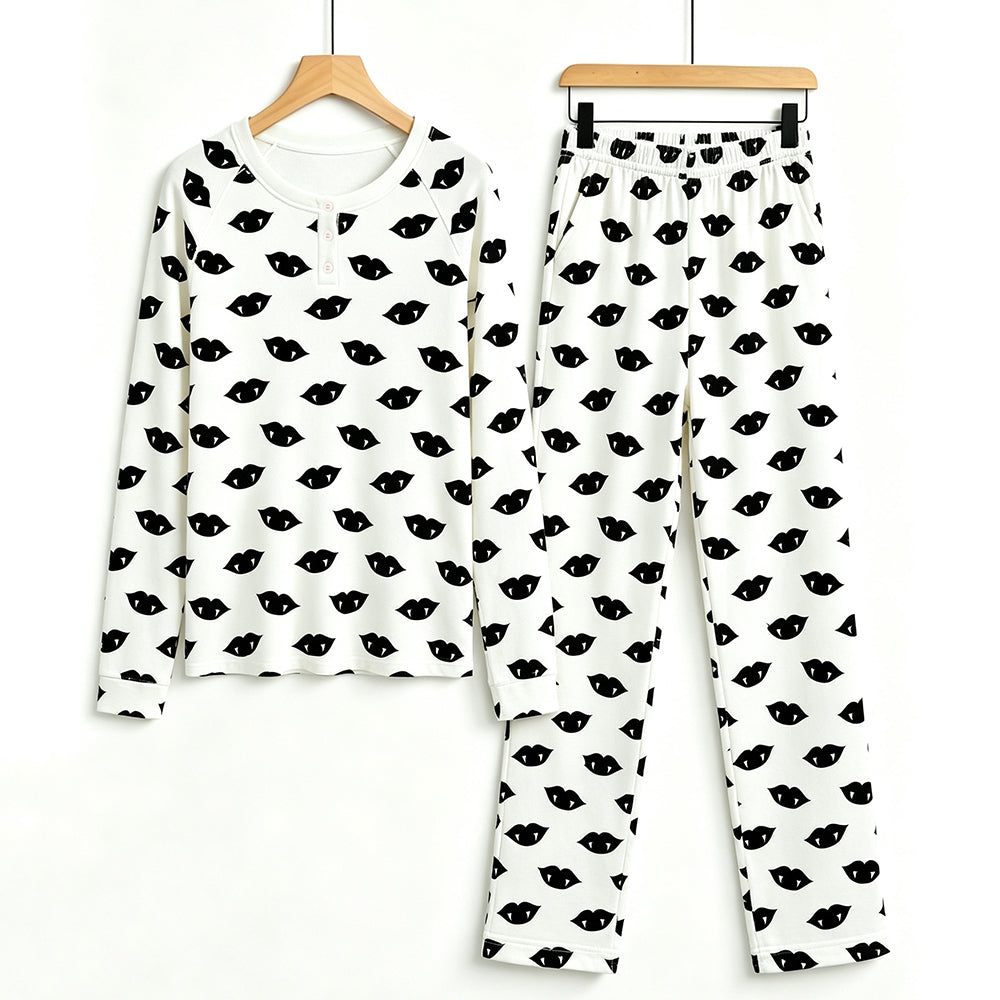 Spooky Halloween Vampire Black Lips Print Matching Family Pajama Set, Long Sleeve Henley Cotton Loungewear